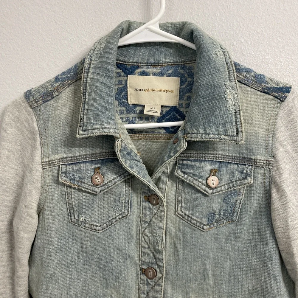 Anthropologie Pilcro and the Letterpress Embroidered Denim Jacket Terry Sleeve S